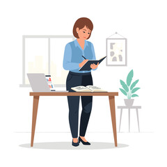 High-Quality Flat Vector: Businesswoman Taking Notes at Desk, Modern Office