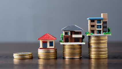 Miniature houses and buildings stacked on increasing piles of gold coins symbolizing real estate growth isolated on a transparent background