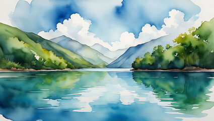Watercolor painting of a serene lake reflecting green mountains and blue sky with clouds isolated on a transparent background