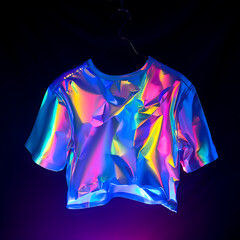 Iridescent Metallic T- Shirt Hanging On A Hanger With Neon Glow t-shirt holographic isolated on a transparent background
