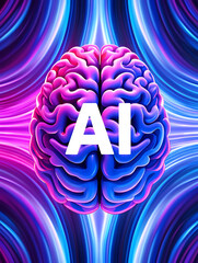 Top View Of Human Brain With AI Text And Abstract Neon Background artificial intelligence isolated on a transparent background