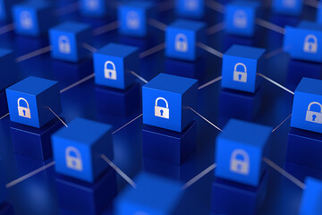 Blockchain Network of Blue Cubes with Padlock Symbols and Connections technology isolated on a transparent background