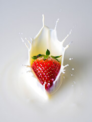 Strawberry Splashing into Creamy White Liquid with Milk Splash fruit fresh isolated on a transparent background