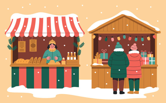 Festive winter market scene with people browsing holiday stalls under snowfall. - Powered by Adobe