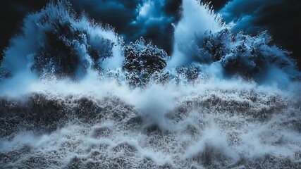 Powerful waves crashing against a dramatic, rocky outcrop under a stormy sky. - Powered by Adobe
