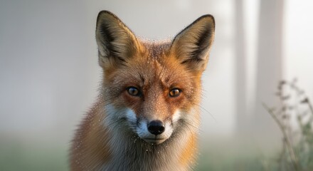 Obraz premium A stunning close-up portrait of a wild red fox staring intently into the camera on a foggy morning.