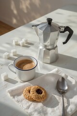 Elegant moka pot espresso with jam-filled cookies and sugar cubes in morning sunlight