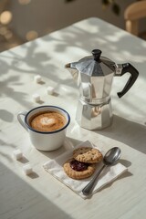 Moka pot coffee with latte art foam and artisan cookies on rustic white wooden surface