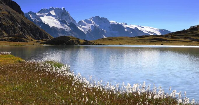la montagne de La Meije avec le Lac du Gol&eacute;on en avant plan