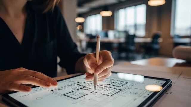 Architectural design on tablet interior blueprint creation