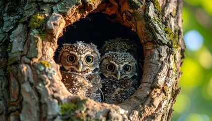 Close-up shot captures three owlets nestled together inside a tree hollow, surrounded by bark and green foliage