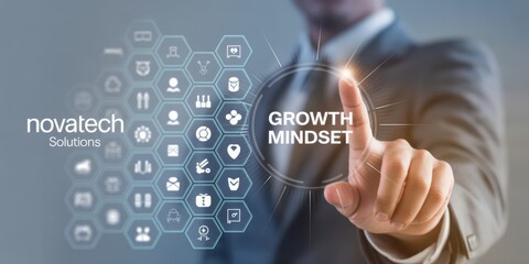 A businessman pointing to the words Growth Mindset surrounded by various technological icons. This image embodies the essence of innovation and progress