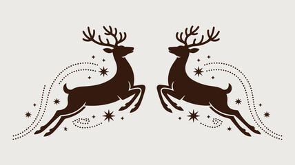 Two brown reindeer jumping with stars and dotted lines on a light background christmas holiday design