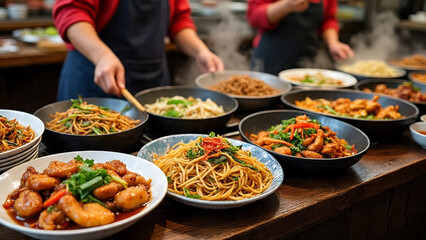 Obraz premium Plates and bowls filled with Asian cuisine featuring noodles, chicken stir fry, and colorful vegetables