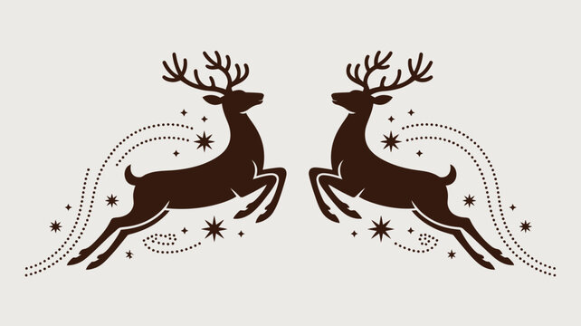 Two brown reindeer jumping with stars and dotted lines on a light background christmas holiday design