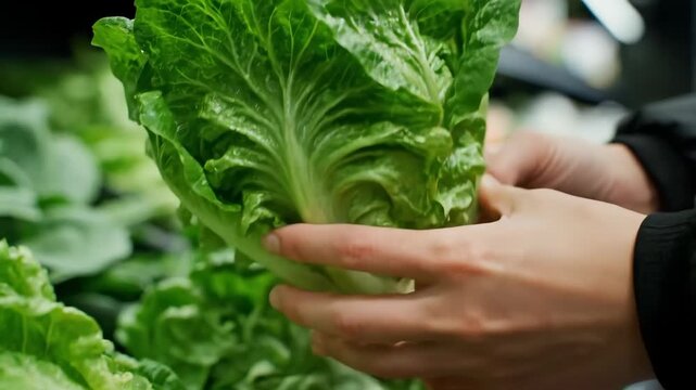 Close up of Fresh Romaine Lettuce at a Grocery Store at Midday, Showing Vibrant Green Leaves and Crisp Texture