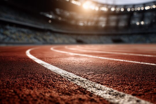 Close-up view of a red running track with white lane markings in a stadium under bright lights, concept for sporting events, athletic competitions and physical training