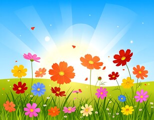 Fototapeta premium Colorful flowers in a grassy field bathed in sunlight