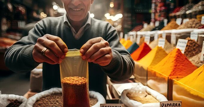 Traditional spice market scene with vendor packaging spices, vibrant colors and aromas in Istanbul