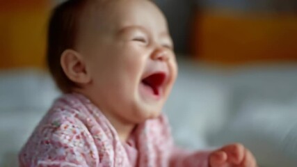 Baby experiencing flu yet laughing joyfully while sitting indoors, showcasing resilience and happiness during tough times