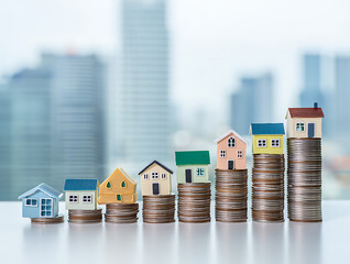 Miniature houses stacked on coins in a rising graph formation with city skyline background isolated on a transparent background