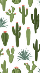 A vibrant seamless pattern featuring various types of desert cacti in shades of green with delicate pink blossoms.