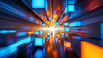 Abstract digital corridor with glowing orange and blue cubes in motion technology isolated on a transparent background