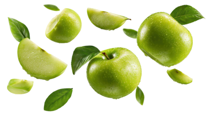 Fresh green apples and apple halves falling and floating against a white background