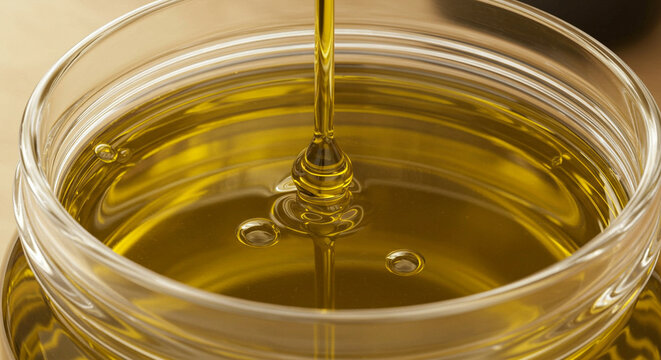 Olive oil in glass jar, macro close-up