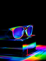 Rainbow Prism Light Refracting Through Modern Eyeglasses on Dark Cube spectacles isolated on a transparent background