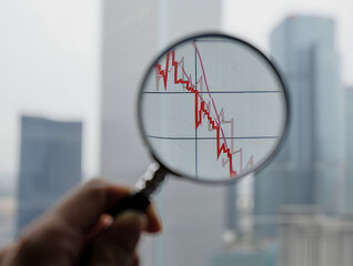Magnifying Glass Over Red Stock Market Downward Trend Graph with Cityscape Background isolated on a transparent background