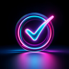Neon Check Mark in Circle with Pink and Blue Glow on Dark Reflective Surface tick isolated on a transparent background