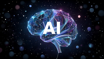 Abstract geometric AI brain network with glowing particles and bokeh lights artificial intelligence isolated on a transparent background