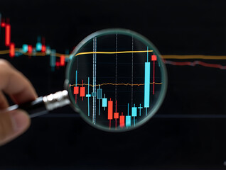 Hand holding magnifying glass over stock market candlestick chart on dark background isolated on a transparent background