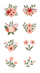 Obraz premium Collection of delicate floral arrangements with soft peach and coral blossoms and green leaves.