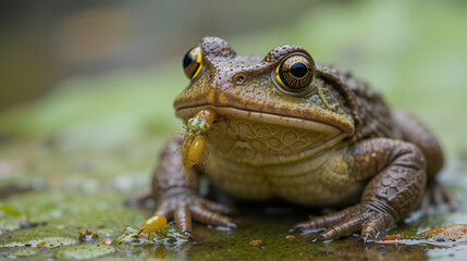 Obraz premium Common Toad (Bufo bufo) with Toadfly larvae (Lucilia bufonivora) near its nostrils, Amsterdamse Waterleiding Duinen, North Holland, The Netherlands