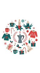 Naklejka premium A festive collection of christmas elements arranged in a circular pattern.