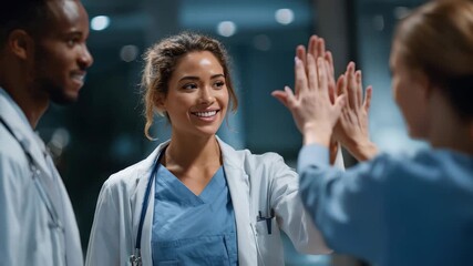 Celebration of teamwork among doctors as they share a high five in a hospital setting during an evening shift