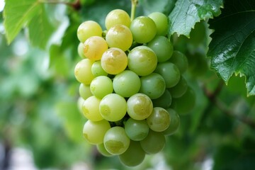 Fresh green grapes hanging from a vine in a sunlit vineyard during the growing season