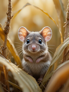Close up of cute small mouse in cornfield.