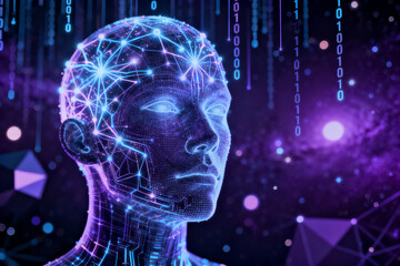 Digital human head with neural network and binary code in a futuristic space background