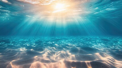 Fototapeta premium Undersea Scene in Light Blue Sea with Sand, Water, and Abstract Sunshine