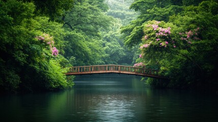 Fototapeta premium Serene bridge surrounded by lush greenery and colorful blossoms over tranquil river in peaceful forest landscape