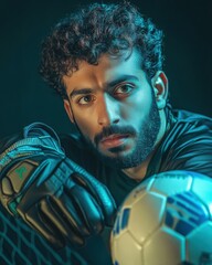 AI image: Intense goalkeeper portrait holding ball with determined gaze illuminated by moody teal