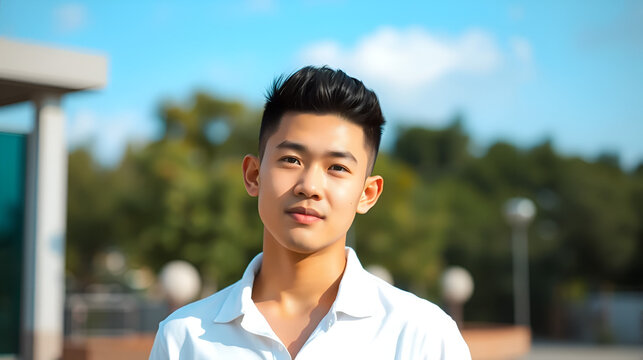 A young handsome chinese guy sporting a high fade haircut. Wearing an unbuttoned white polo shirt. Posing outdoors.