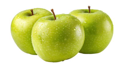 Fresh green apples and apple halves falling and floating against a white background