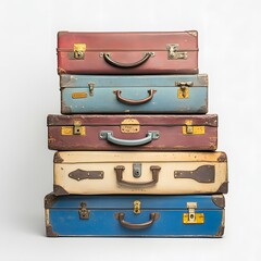 Stack of vintage suitcases in various colors and sizes