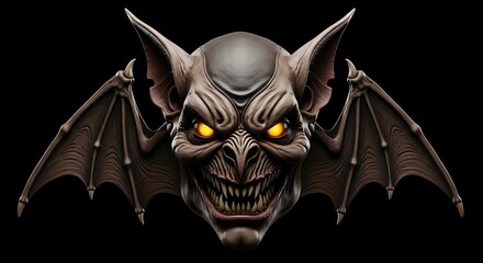 Menacing Gargoyle Face with Glowing Eyes and Bat Wings on Black Background