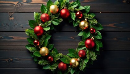 Elegant Christmas wreath, golden & red ornaments, dark wood backdrop, central copy space , elegant, red ornaments, winter background