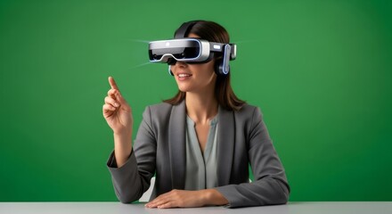 Woman wearing VR headset interacting with virtual reality on chromakey background. Experience metaverse technology.